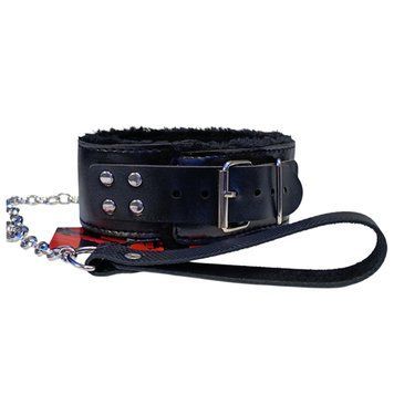 М'який чорний нашийник "Love leash" з ланцюжком-повідцем та зручним чорним тримачем Екошкіра-метал 56678 фото