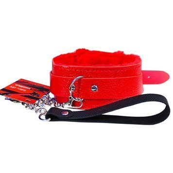 М'який червоний нашийник "Love leash" з ланцюжком-повідцем та зручним чорним тримачем Екошкіра-метал 56679 фото