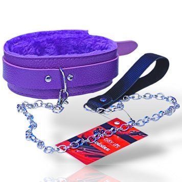 М'який фіолетовий нашийник "Love leash" з ланцюжком-повідцем та зручним чорним тримачем Екошкіра-метал 56680 фото